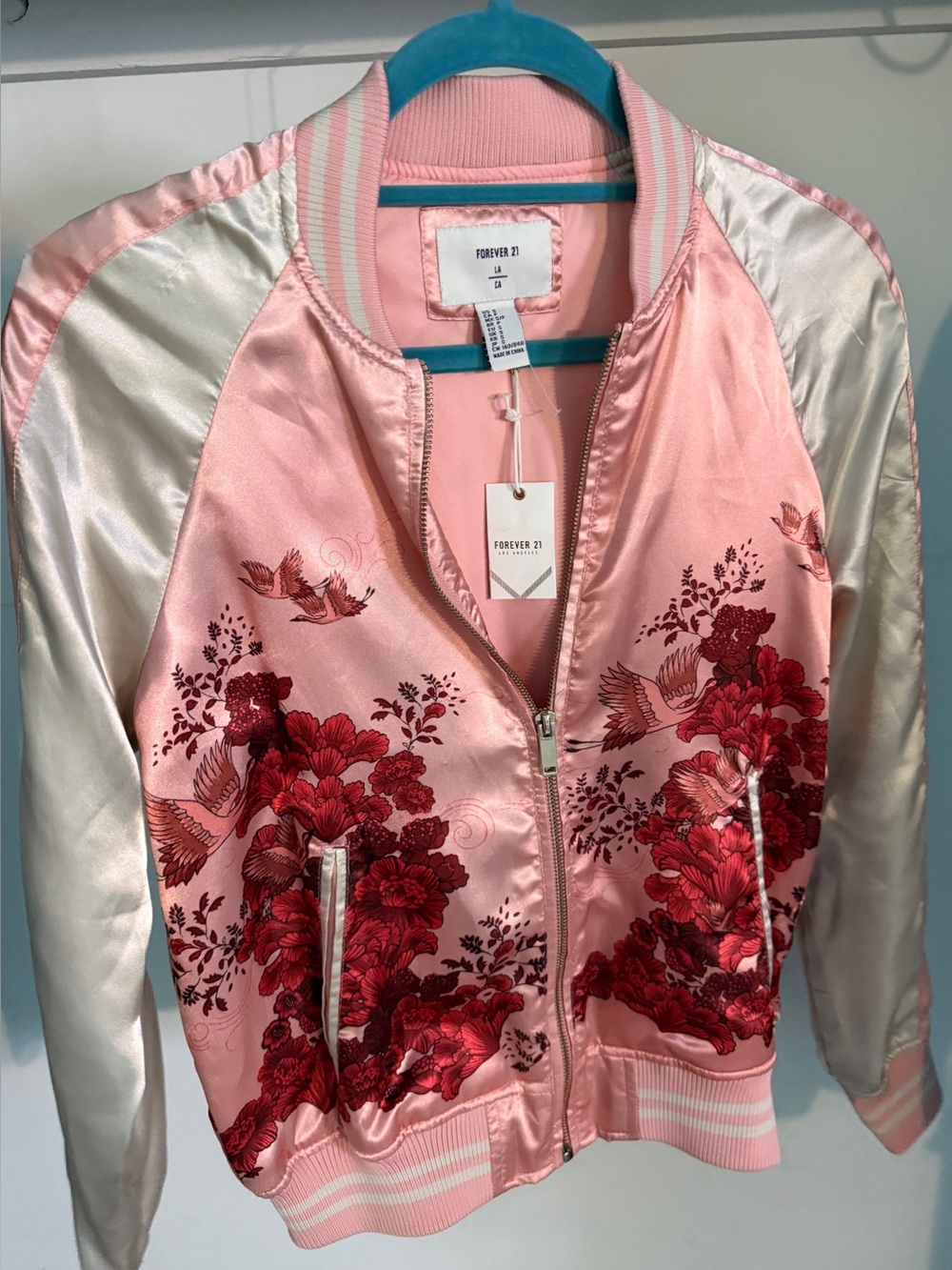 Forever 21 LA Pink Satin Floral Geese Retro Bomber Jacket Size Small (New/NWT)